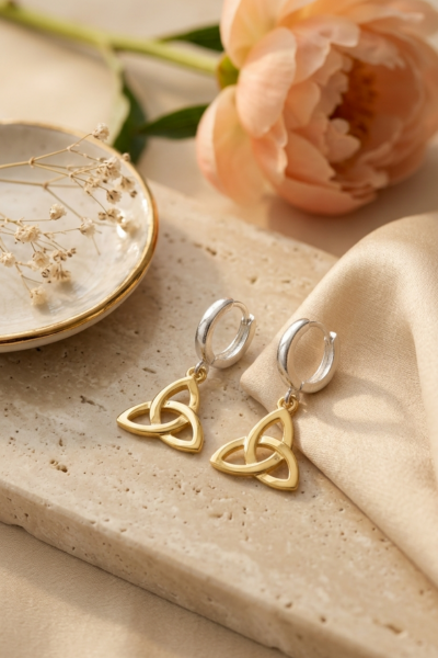 Triquetra Küpe – Halka Formlu | 925 Ayar Gümüş, Mikron Altın Kaplama