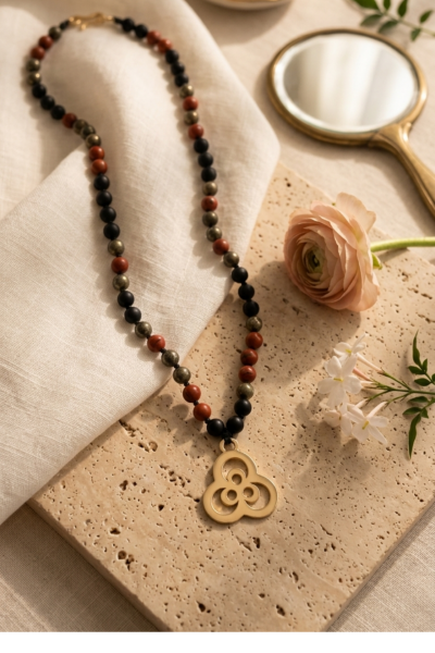 Çintemani Kolye - Bronz | Pirit, Kırmızı Jasper, Oniks Doğal Taşlı