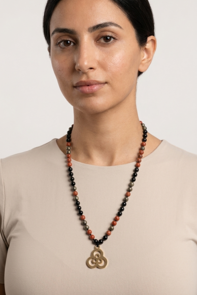 Çintemani Kolye - Bronz | Pirit, Kırmızı Jasper, Oniks Doğal Taşlı