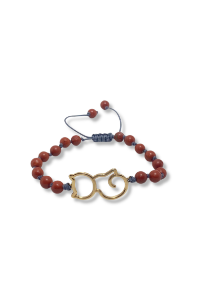 Paco Kedi Bileklik - Bronz | Kırmızı Jasper Doğal Taşlı