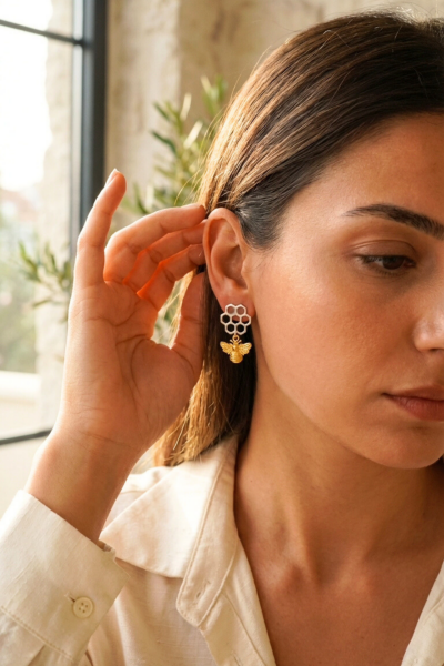 Arı Küpe - Petekli Tasarım | 925 Ayar Gümüş