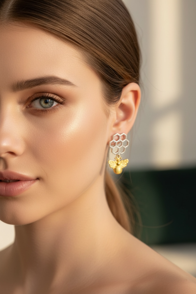 Arı Küpe - Petekli Tasarım | 925 Ayar Gümüş