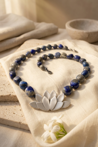 Lotus Kolye - Lapis Lazuli Doğal Taşlı | 925 Ayar Gümüş