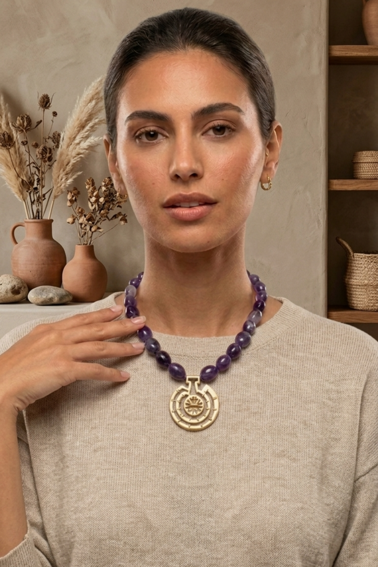 Göbeklitepe Kolye – Ametist Taşlı ve Bronz El Yapımı Tasarım