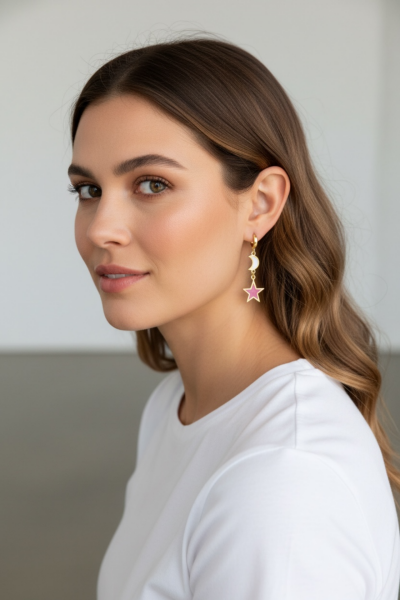 Ay Yıldız Küpe – Mineli ve Halka Tasarımlı | 925 Ayar Gümüş Mikron Altın Kaplama