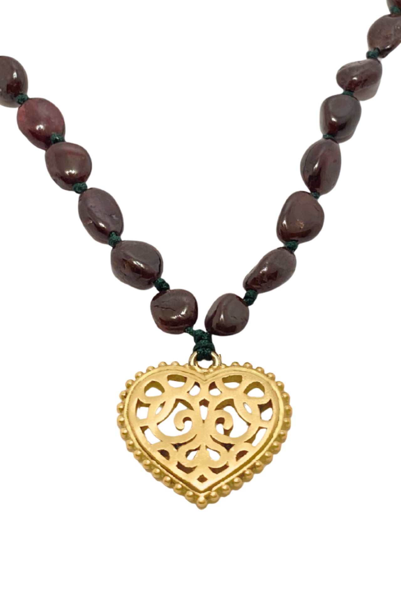 Ajurlu Kalpli Kolye -  Lal Doğal Taşlı | Bronz