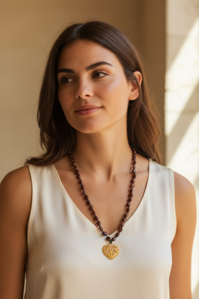 Bronz Kalpli Lal Doğal Taşlı Kolye