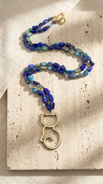 Kedi Kolye - Bronz, Doğal Taşlı