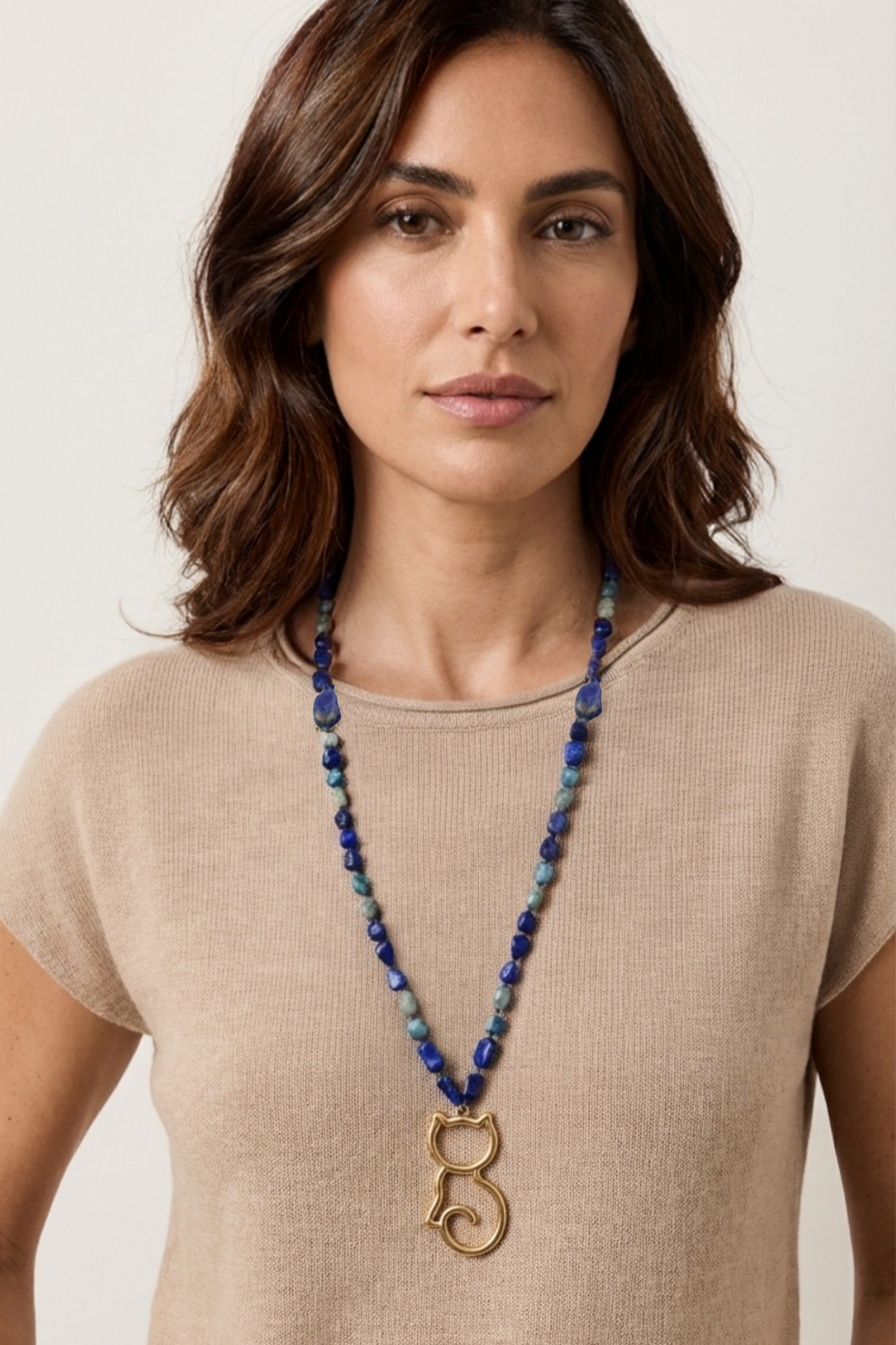 Kedi Kolye - Bronz, Doğal Taşlı