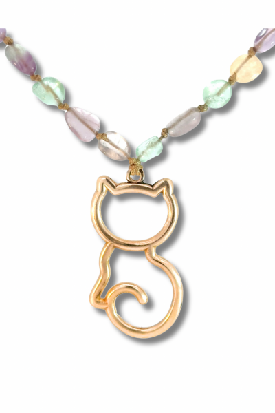 Kedi Kolye - Bronz, Doğal Taşlı