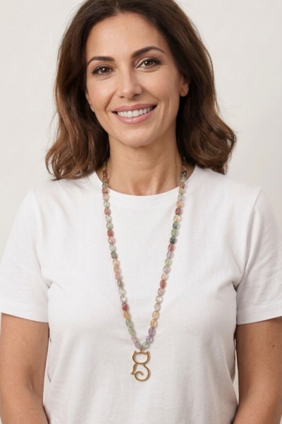 Kedi Kolye - Bronz, Doğal Taşlı