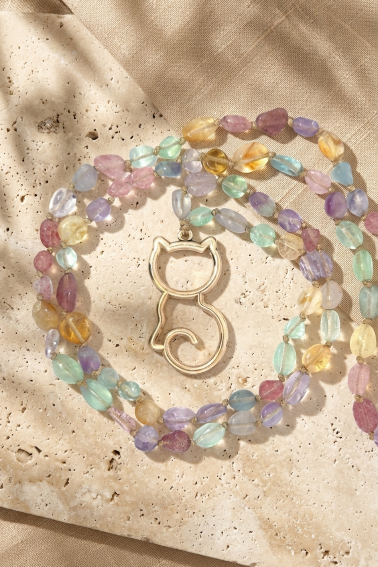 Kedi Kolye - Bronz, Doğal Taşlı