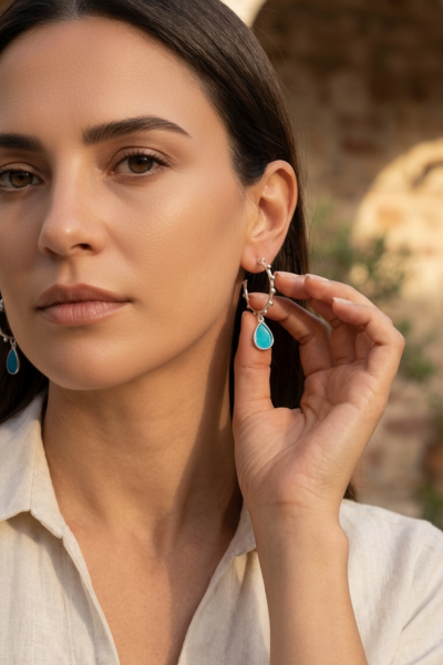 Mineli Damlalı Halka Küpe – 925 Ayar Gümüş, Rodyum Kaplama