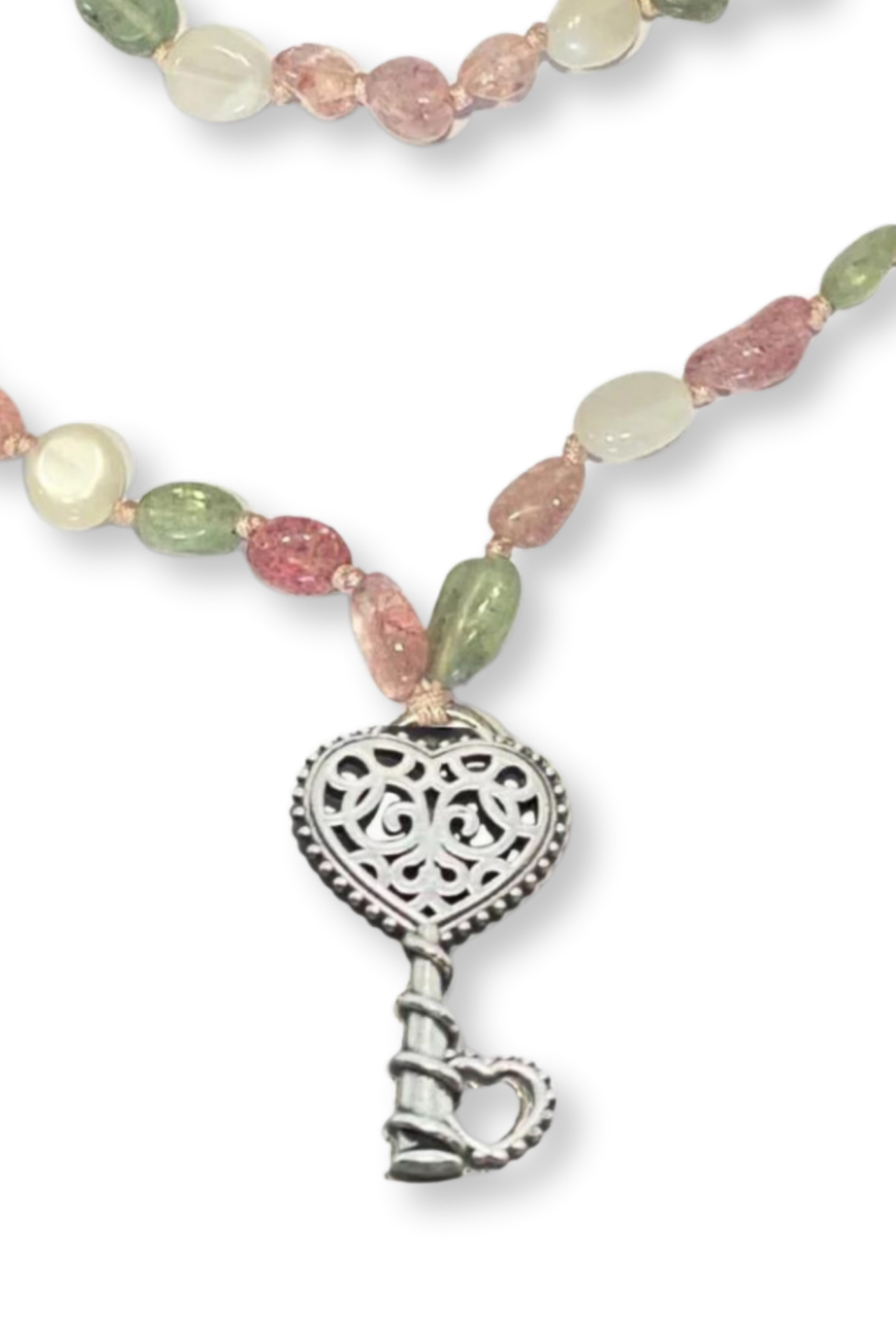 Kalpli Anahtar Kolye –  Prehnit, Aytaşı, Çilek Kuvars Doğal Taşlı | 925 Ayar Gümüş
