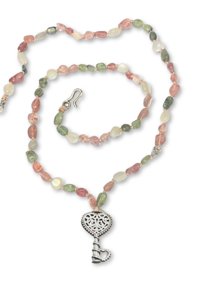Kalpli Anahtar Kolye –  Prehnit, Aytaşı, Çilek Kuvars Doğal Taşlı | 925 Ayar Gümüş