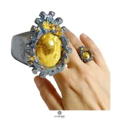 Güverseli Damla Yüzük – 925 Ayar Oksitli Gümüş Keum Boo Altın Sıvama Keum Boo Altın Oksitli - 14 size / 54 mm