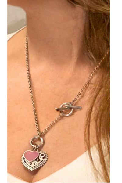 Mineli Kalpli Kolye - Pembe Sıcak Mineli | 925 Ayar Gümüş