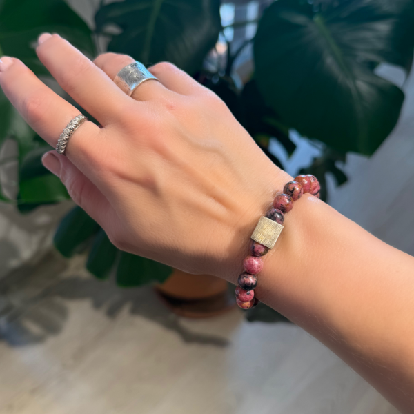 Rodonit Taşlı Gümüş ;Küplü Bileklik