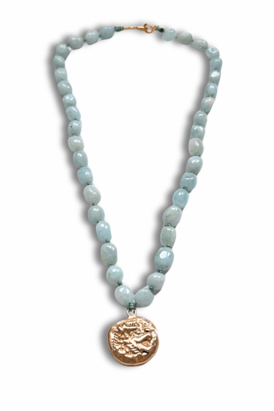 Sikke Kolye – Antik Lidya Sikkesi Reprodüksiyonu | Akuamarin Taşlı Bronz El Yapımı