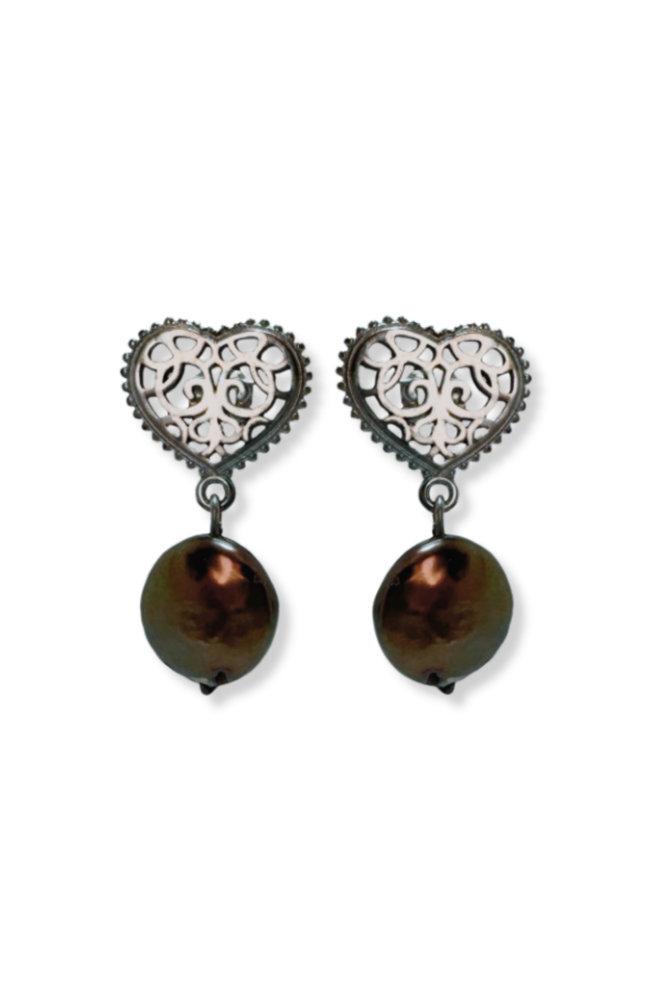 İncili Ajurlu Kalp Küpe