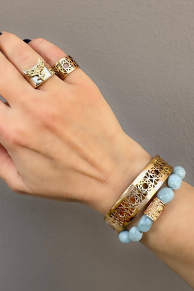 Rune Bileklik - Akuamarin Doğal Taşlı Bronz Rune Sembolü | El Yapımı Tasarım