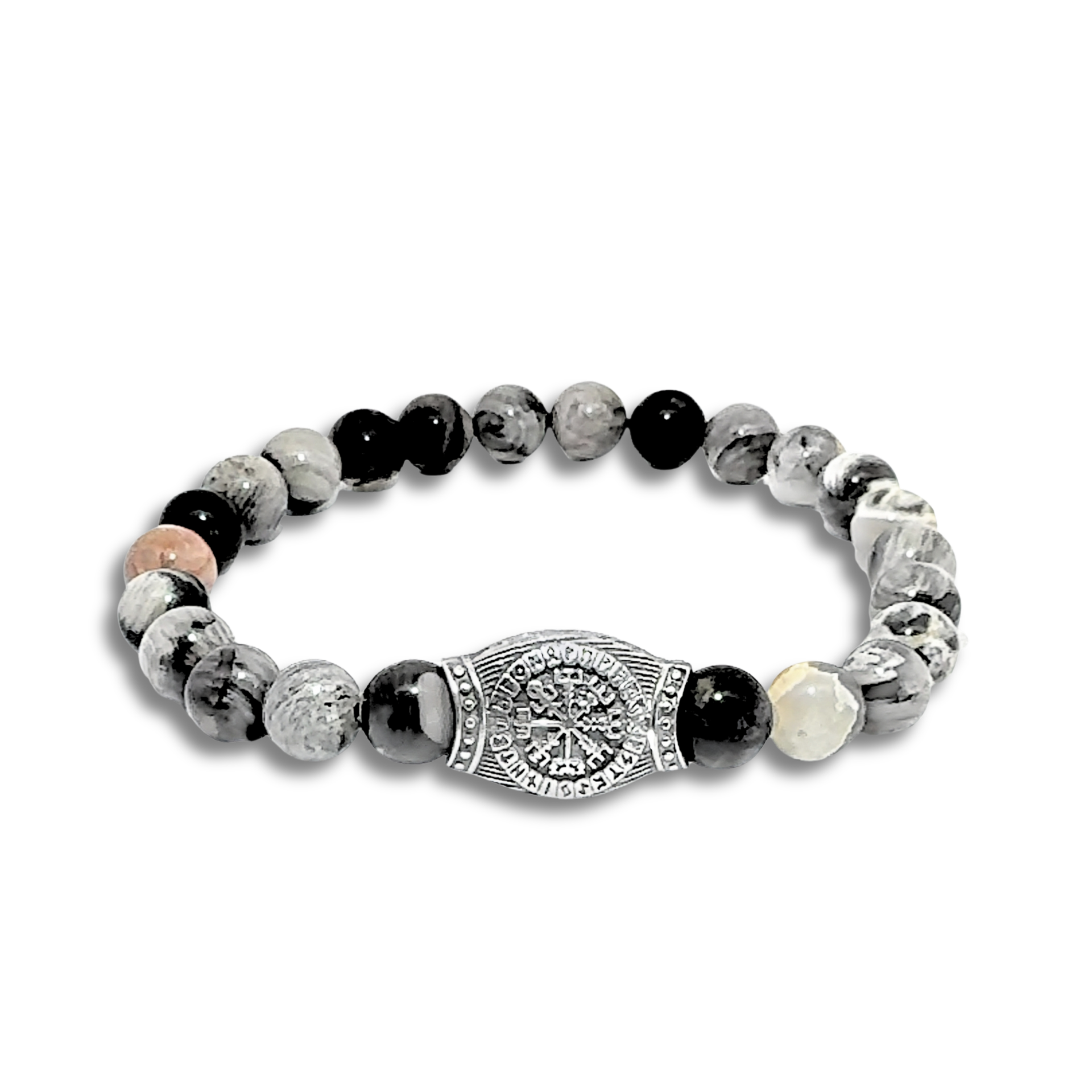 Vegvisir Bileklik - Black Silver Leaf Jasper Doğal Taşlı