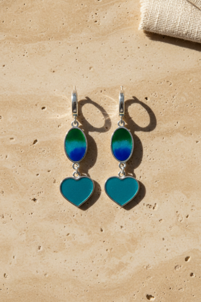 Turkuaz, Yeşil, Mavi Mineli Kalpli Küpe