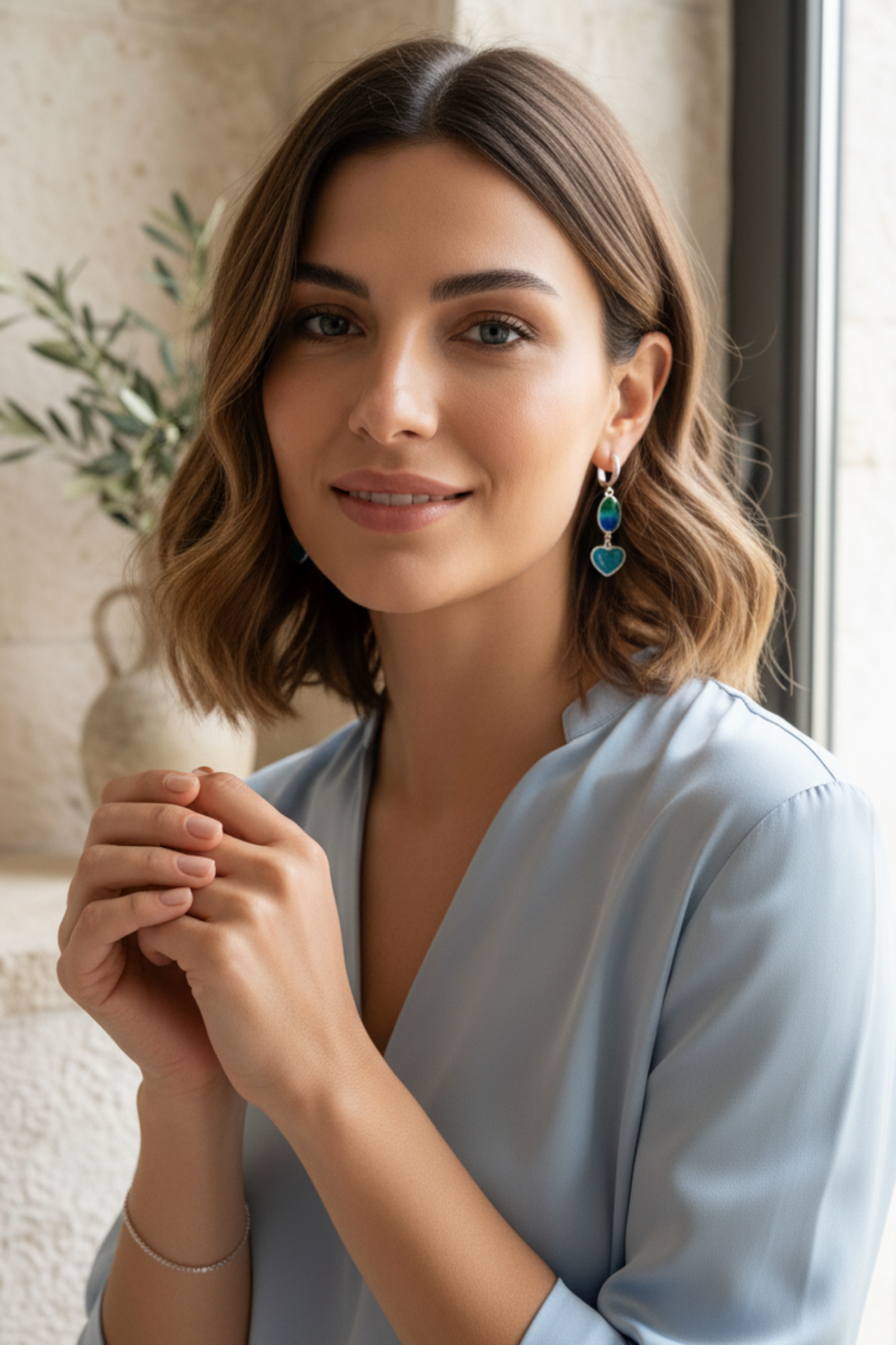 Turkuaz, Yeşil, Mavi Mineli Kalpli Küpe