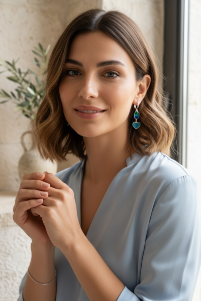 Turkuaz, Yeşil, Mavi Mineli Kalpli Küpe