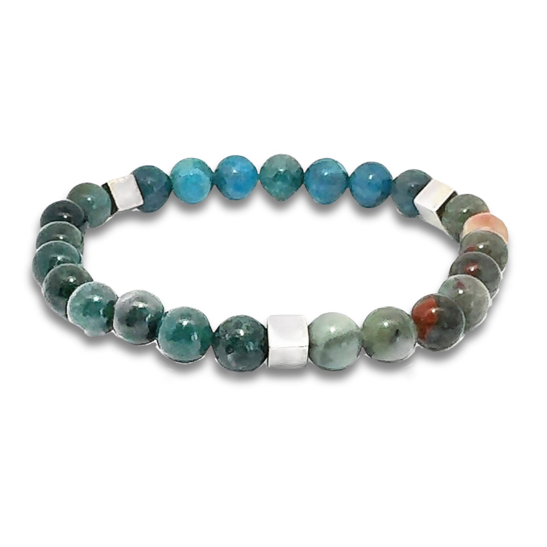 Jasper, Apatit ve Yosun Akik Doğal Taşlı Gümüş Küplü Erkek Bileklik