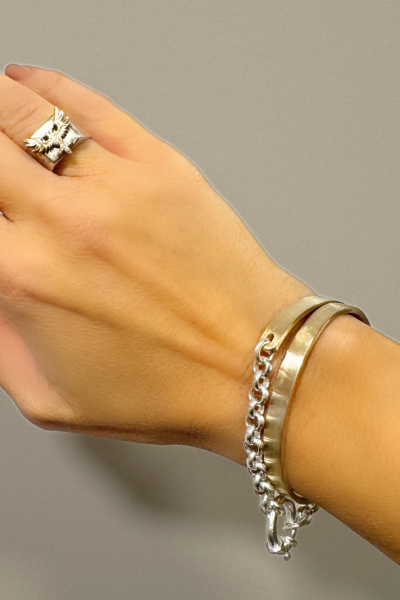 Manşet Bileklik - Bronz ve Gümüş Zincirli