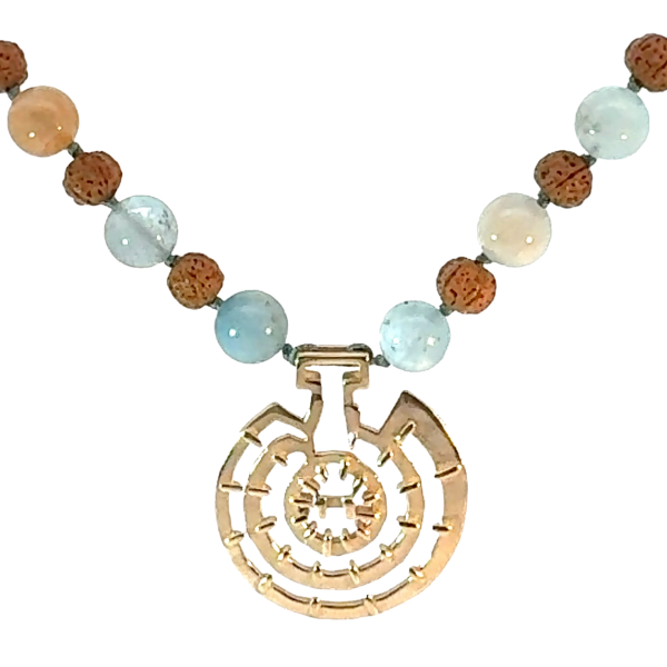 Göbeklitepe Kolye – Akuamarin Taşlı ve Rudraksha Tohumlu Bronz El Yapımı Tasarım