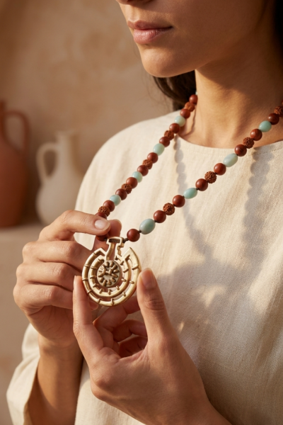Göbeklitepe Kolye – Akuamarin ve Kırmızı Jasper Taşlı, Rudraksha Tohumlu Bronz El Yapımı Tasarım