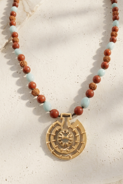 Göbeklitepe Kolye – Akuamarin ve Kırmızı Jasper Taşlı, Rudraksha Tohumlu Bronz El Yapımı Tasarım