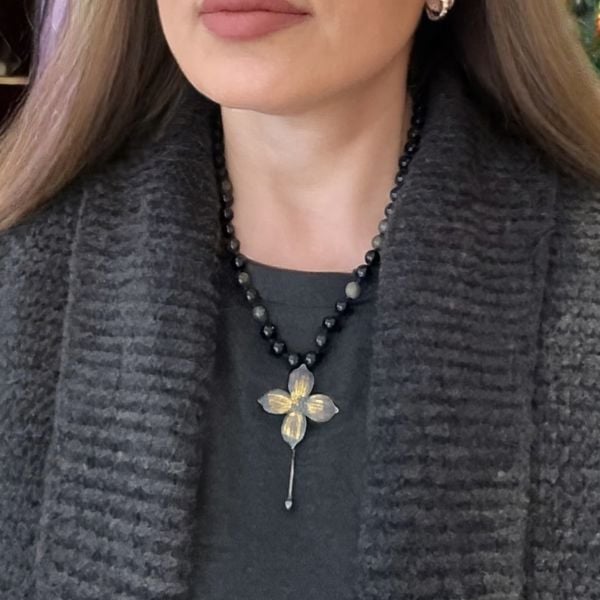 Altın Parıltılı Obsidyen Doğal Taşlı Keum Boo Altın Sıvama Gümüş Menekşe Kolye