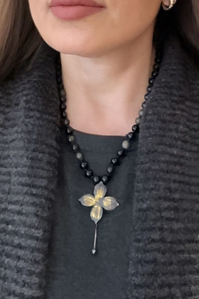 Menekşe Kolye – Keum Boo Altın Sıvamalı | Altın Parıltılı Obsidyen Doğal Taşlı 925 Ayar Gümüş