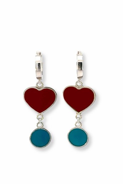 Kırmızı ve Turkuaz Mineli Kalpli Küpe