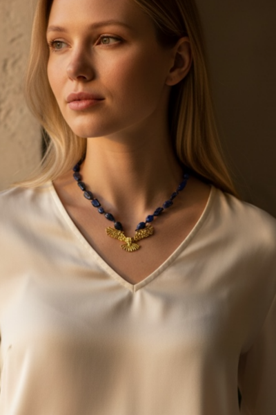 Baykuş Kolye - Lapis Lazuli Doğal Taşlı Bronz