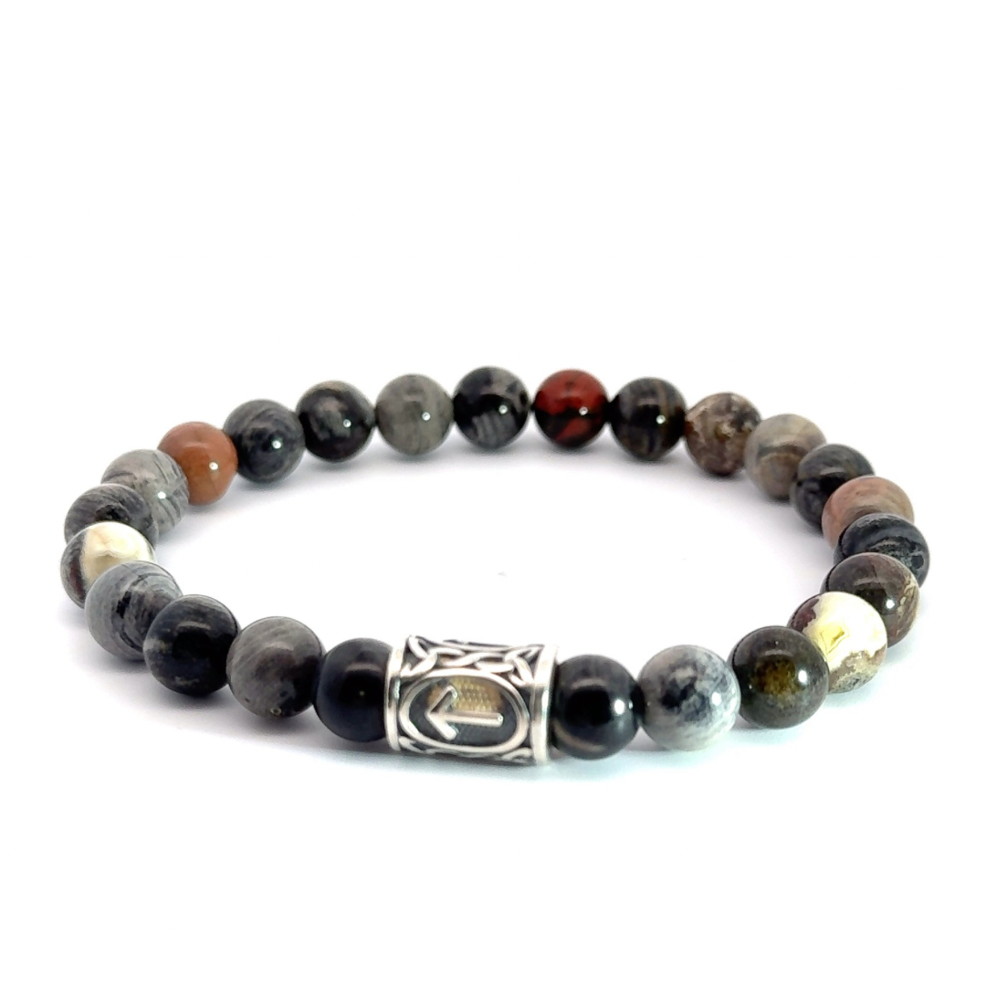 Rune Tiwas Bileklik - Black Silver Leaf Jasper Doğal Taşlı