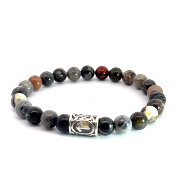 Rune Tiwas Bileklik - Black Silver Leaf Jasper Doğal Taşlı