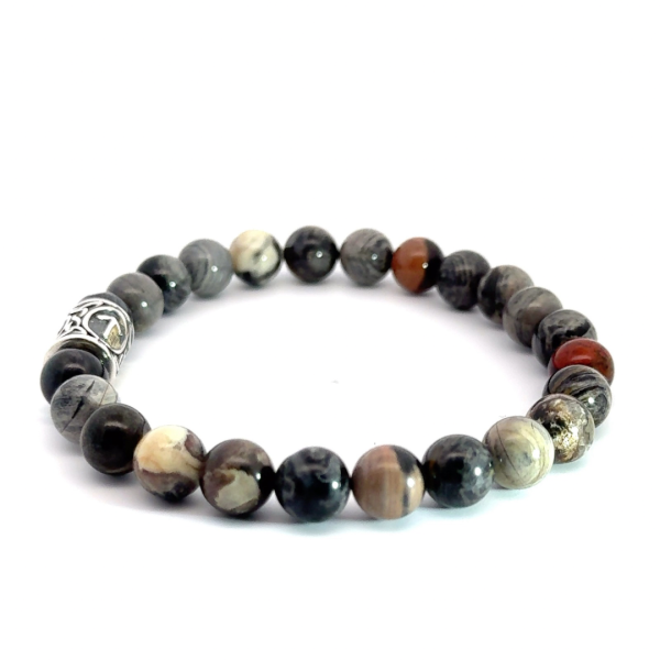 Rune Tiwas Bileklik - Black Silver Leaf Jasper Doğal Taşlı
