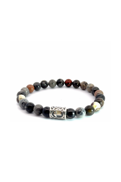 Rune Bileklik – Tiwas Sembolü | Black Silver Leaf Jasper Doğal Taşlı 925 Ayar Gümüş