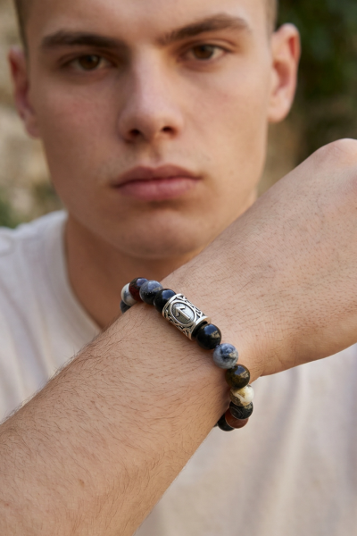 Rune Bileklik – Tiwas Sembolü | Black Silver Leaf Jasper Doğal Taşlı 925 Ayar Gümüş