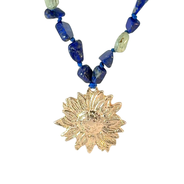 Lapis Lazuli ve Prehnit Doğal Taşlı Bronz Papatya Kolye