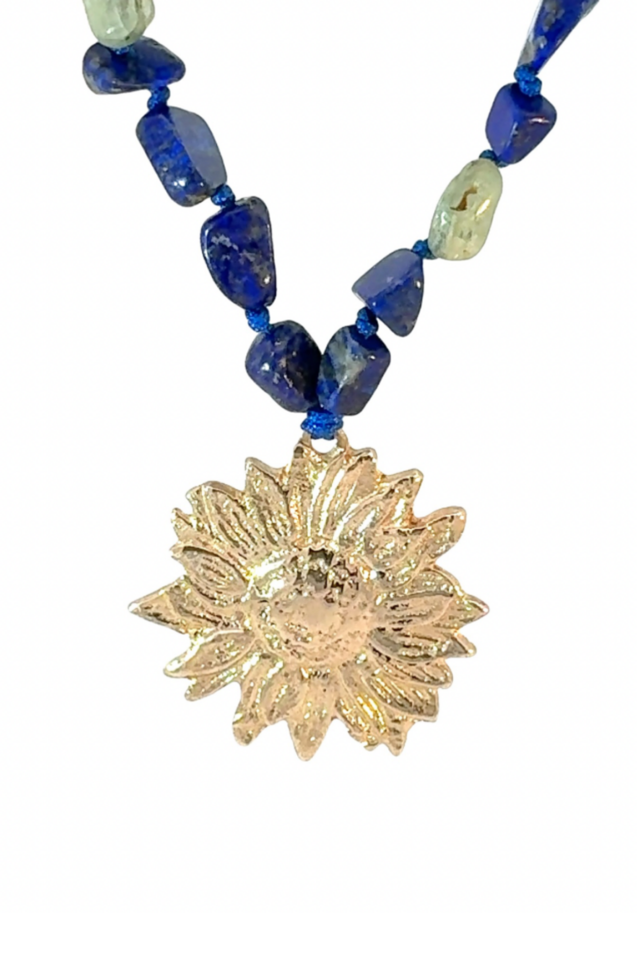 Papatya Kolye -Lapis Lazuli ve Prehnit Doğal Taşlı ve Bronz