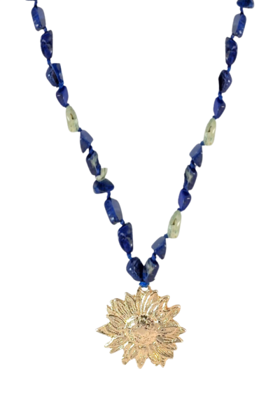 Papatya Kolye -Lapis Lazuli ve Prehnit Doğal Taşlı ve Bronz