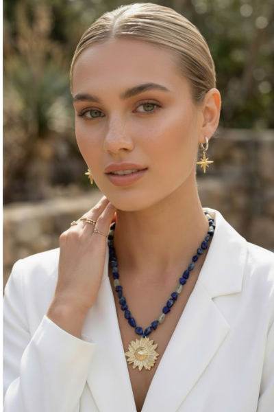 Papatya Kolye -Lapis Lazuli ve Prehnit Doğal Taşlı ve Bronz