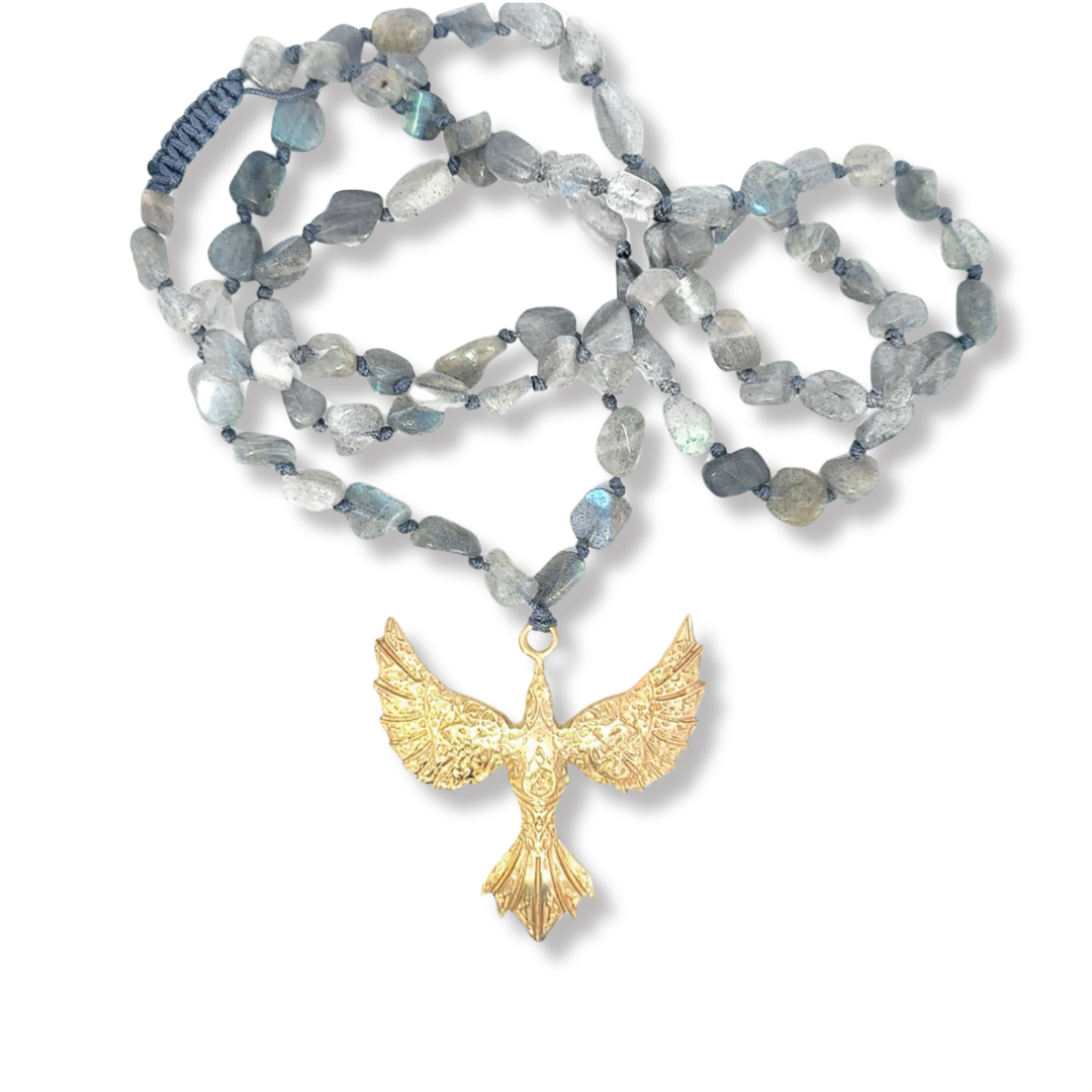 Labradorit Taşlu Bronz Anka Kuşu Kolye