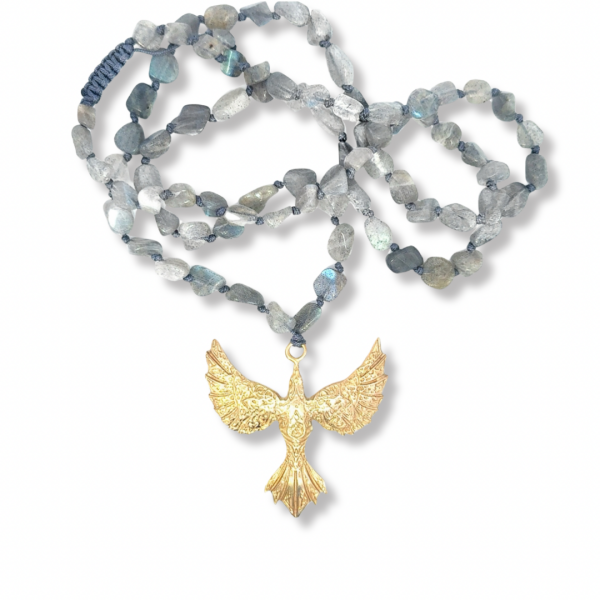 Labradorit Taşlu Bronz Anka Kuşu Kolye