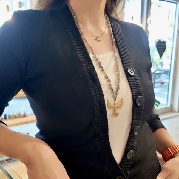 Labradorit Taşlu Bronz Anka Kuşu Kolye